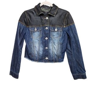 BCBGMaxAzria Maya Denim Blue Jean Jacket Black Lamb Leather Metal Womens Size XS